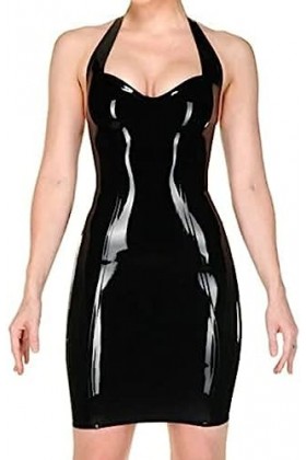 ANTIY Sexy Femmes Noir Latex Caoutchouc Jarretelles Jupe Robe Femme Clubwear Exotique Serré Halter Robe Personnaliser,Black,C
