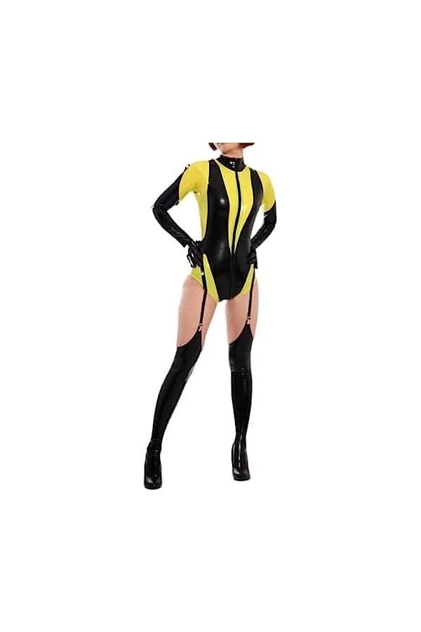 Latex Caoutchouc Jaune Et Noir Couleur Correspondant Collants Fitness Costume Sexy Fête Piscine Vacances 0.4mm,Couleur Person