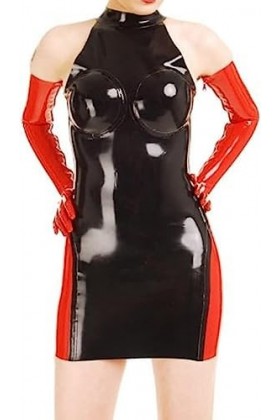 Robe Sexy En Latex Rouge Et Noir Avec Fermeture À Glissière Au Dos, Seins Collés En Caoutchouc + Gants,Couleur Des Photos,XX-