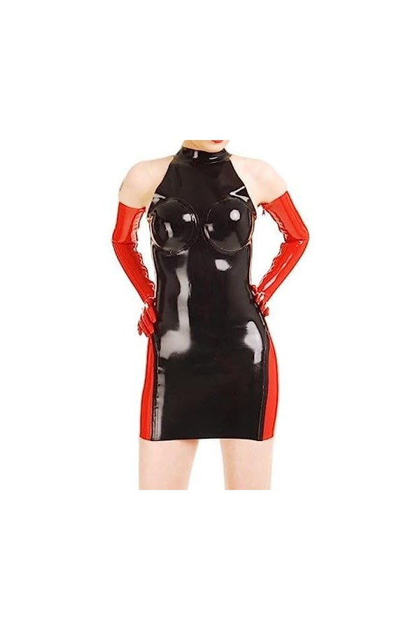 Robe Sexy En Latex Rouge Et Noir Avec Fermeture À Glissière Au Dos, Seins Collés En Caoutchouc + Gants,Couleur Des Photos,XX-