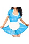 Lac Bleu Et Blanc Sexy French Maid Latex Robes Avec Tablier Fermeture Éclair Au Dos Bouffées Manches Courtes Uniforme En Caou