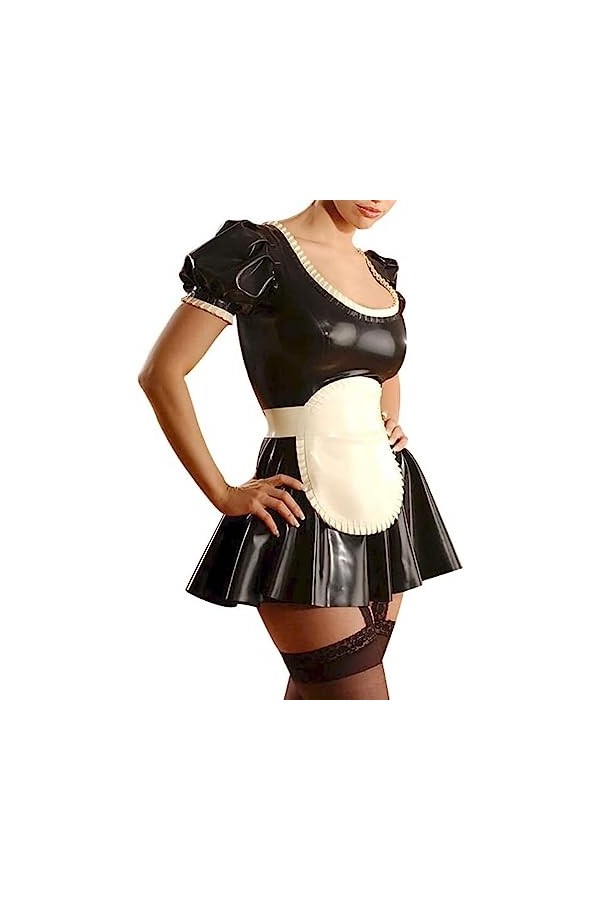 Robe Noire Et Blanche À Manches Courtes Bouffantes Sexy En Latex De Femme De Chambre Française Avec Tablier En Caoutchouc Uni