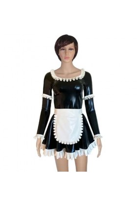 MesKeL Robe de soubrette française en latex avec manches longues et fermeture éclair dans le dos tablier blanc nœuds en caout