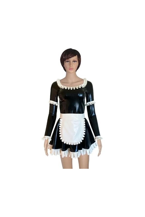 MesKeL Robe de soubrette française en latex avec manches longues et fermeture éclair dans le dos tablier blanc nœuds en caout