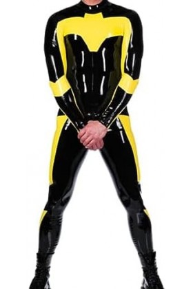 Combinaison En Caoutchouc Latex Noir Et Jaune, Patchwork, Jeu De Rôle, Fête, Personnalisée À La Main, 0.4mm,Noir,XXL