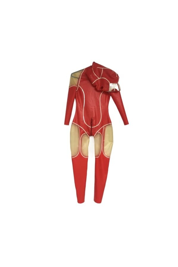 Combinaison Catsuit En Latex 100% Caoutchouc, Panneau Rouge Et Transparent, Body Slim Avec Capuche, Dimensions 0.4mm,Rouge + 