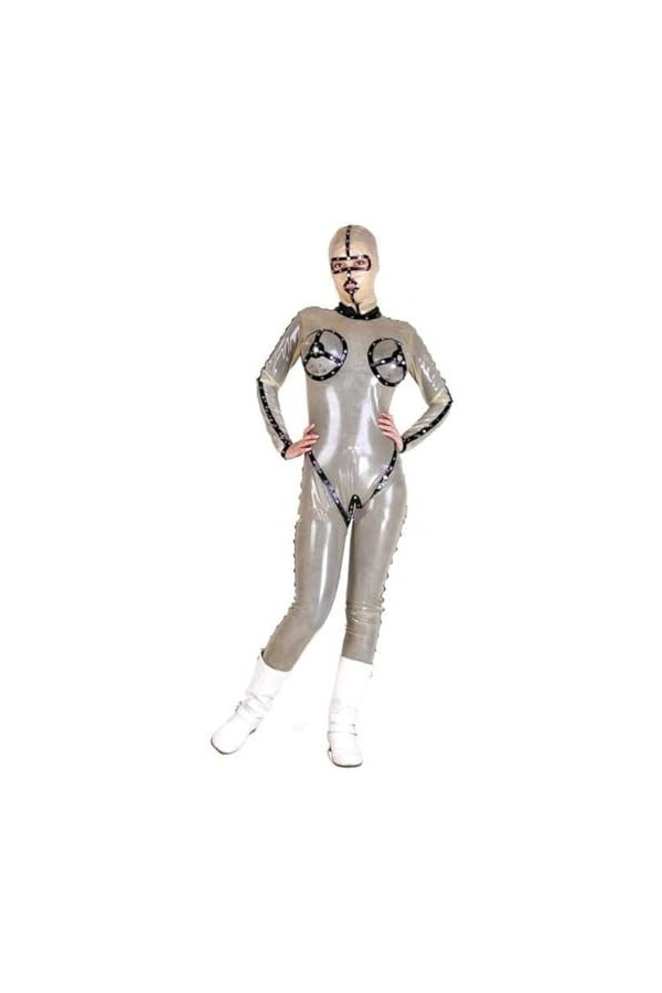 Combinaison En Latex Pour Femmes, Corps Complet En Caoutchouc, Catsuit Noir Transparent Avec Couvre-chef,Argent,S