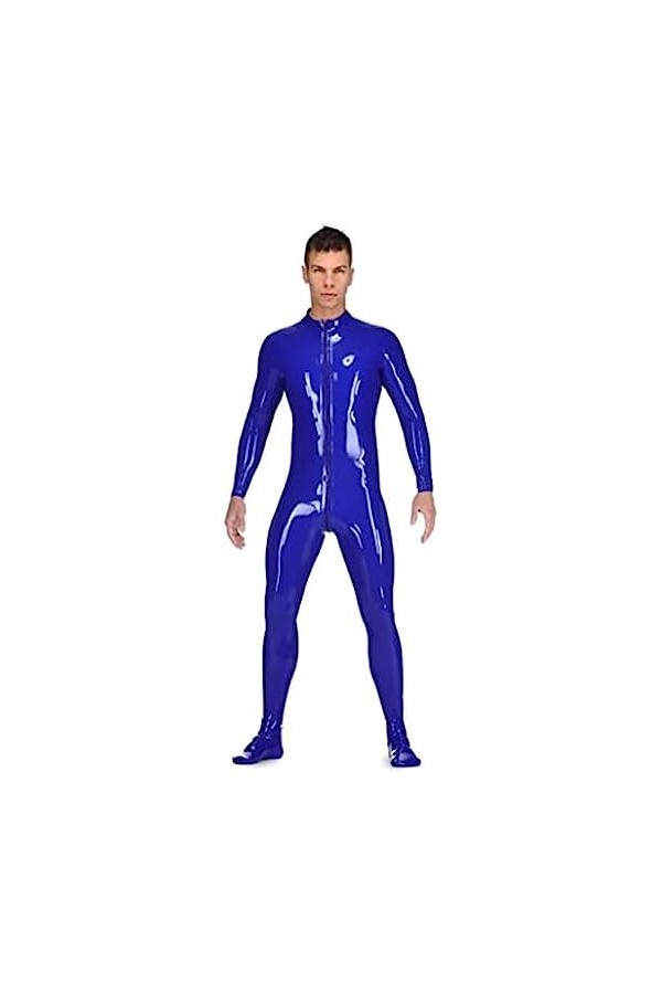 Bleu Foncé Sexy Hommes Latex Catsuit En Caoutchouc Gummi Bodys Chaussettes Avec Fermeture À Glissière Entrejambe Avant-Noir,B
