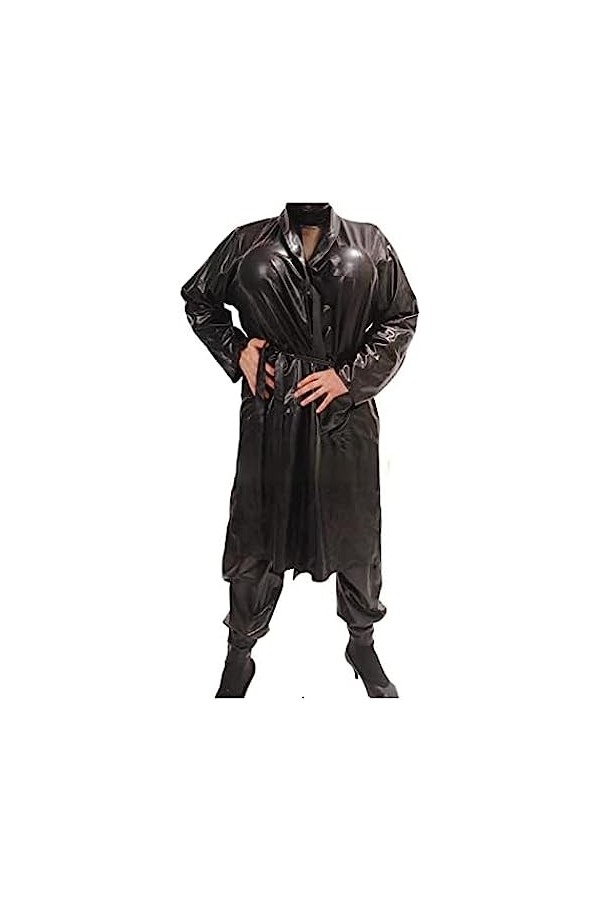 Pyjama Sexy En Latex Noir Avec Poches Manches Longues Ceintures Manteau En Caoutchouc Robe,Noir,Petit
