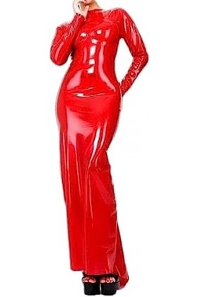 ANTIY Robe Noire en Latex Sexy À Manches Longues avec Col Haut Fermeture Éclair Dos Robe en Caoutchouc Bodycon Combishort,Rou