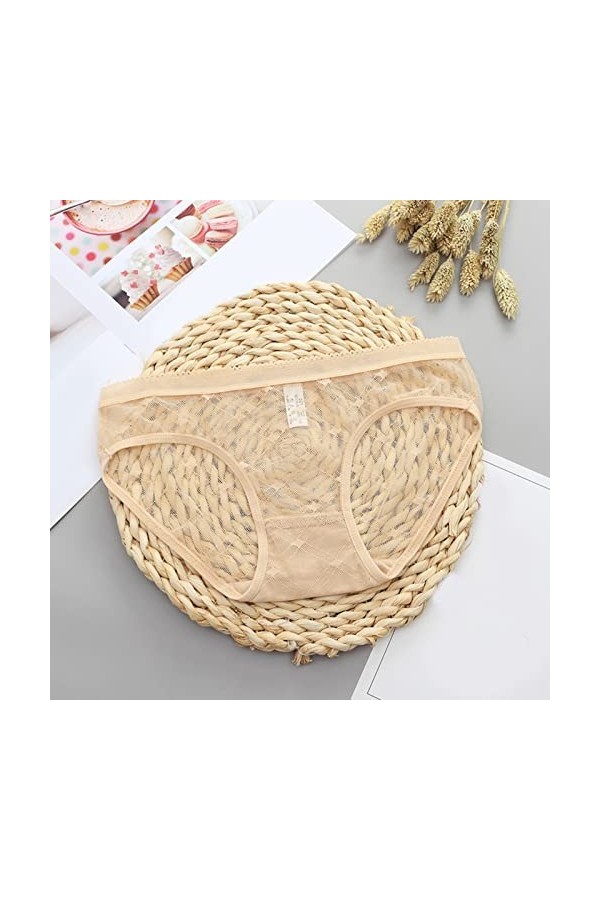 ZHINIAN Culotte sexy en dentelle transparente pour femme - Culotte sans couture en coton - Taille 9, beige, L