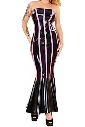 ANTIY Robes en Latex Sexy À Rayures Noires Et Roses avec Fermeture À Glissière À Larrière,Noir-Rose,Grand
