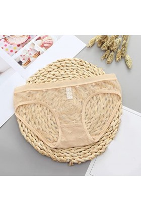 ZHINIAN Culotte sexy en dentelle transparente pour femme - Culotte sans couture en coton - Taille 9, beige, L