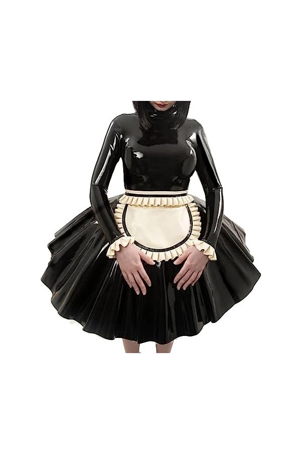 Sexy French Maid Latex Dress With Ruffs Poignets Tablier Zipper At Back Rubber Uniform Bodycon Playsuit,Noir,XX-Grand