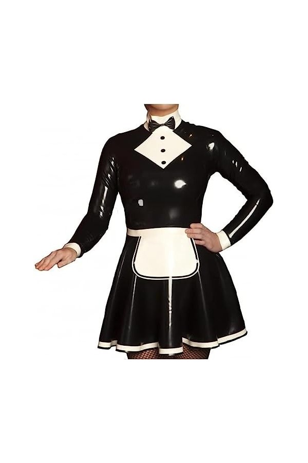 Noir Avec Blanc Sexy Femme De Chambre Française Latex Robe Tablier Fermeture Éclair À Larrière Nœuds Décoration Caoutchouc U