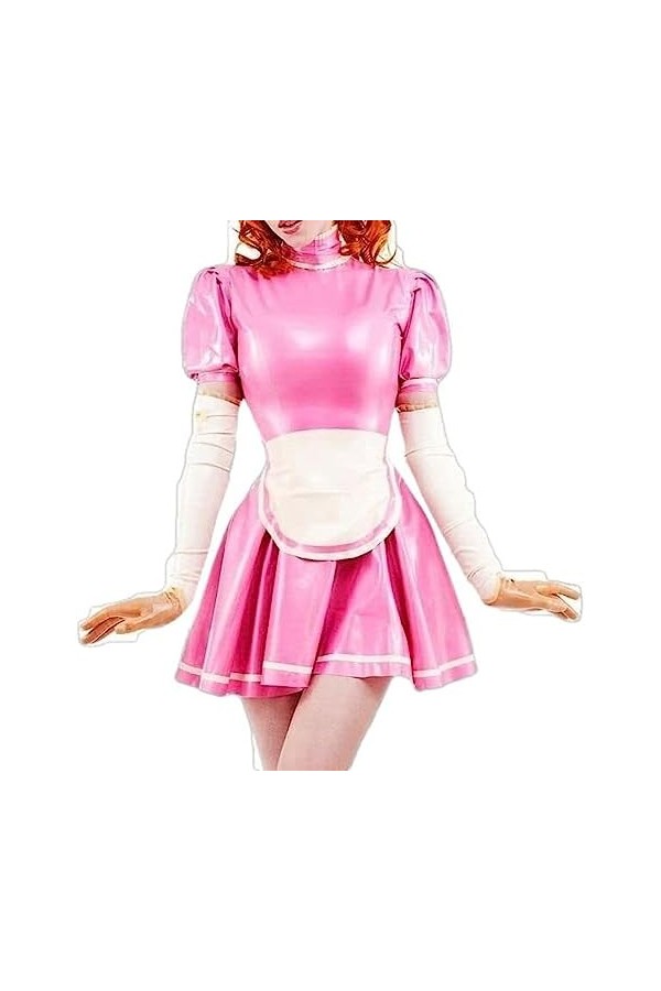 Robe En Latex De Femme De Chambre Française Sexy Rose Et Blanche Avec Garnitures Au Tablier En Caoutchouc Uniforme Combishort