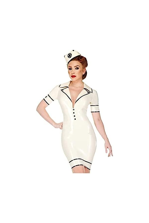 ANTIY Latex Naturel Vêtements Femmes Jupe Infirmière Jupe Jupe Courte avec Chapeau Fait À La Main Personnalisé,Bordure Blanc-