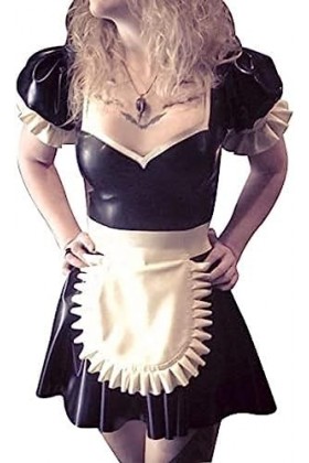ANTIY Noir Et Blanc Manches Courtes Bouffantes Sexy French Maid Latex Dress Avec Tablier Fermeture Éclair Dos En Caoutchouc U