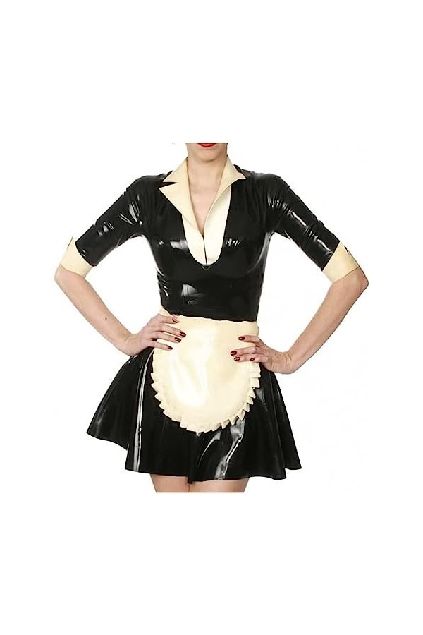 Robe Noire Et Blanche Sexy En Latex De Femme De Chambre Française Avec Demi-manches Tablier Fermeture Éclair À Larrière En C