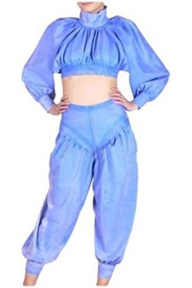 Latex Rubber Women Sexy Jacket And Pants Set Princess Lantern Sleeve Suit,Bleu Clair,3X-Grand