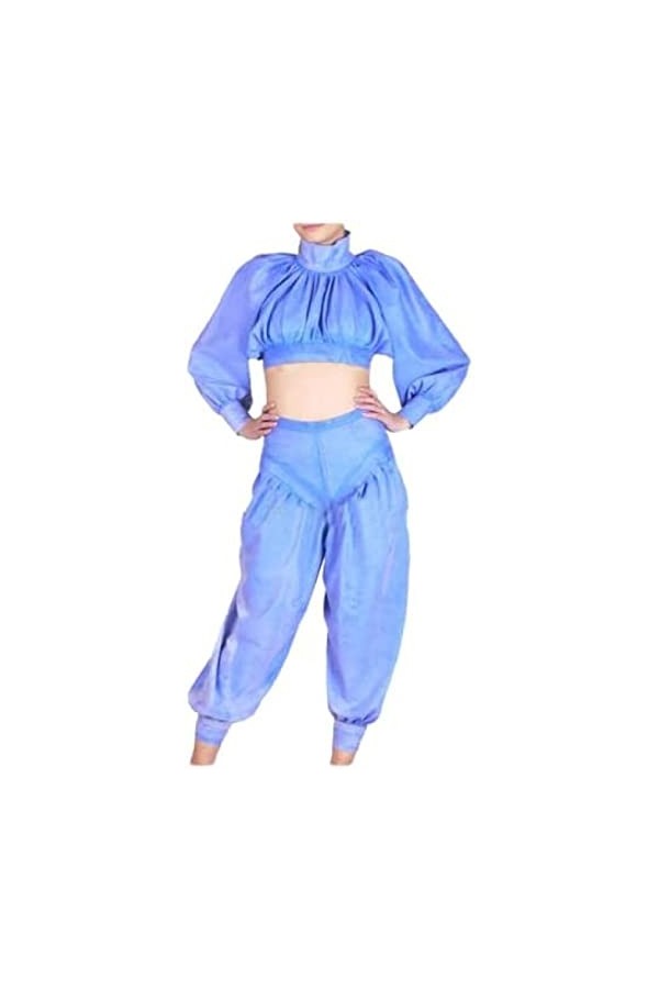 Latex Rubber Women Sexy Jacket And Pants Set Princess Lantern Sleeve Suit,Bleu Clair,3X-Grand