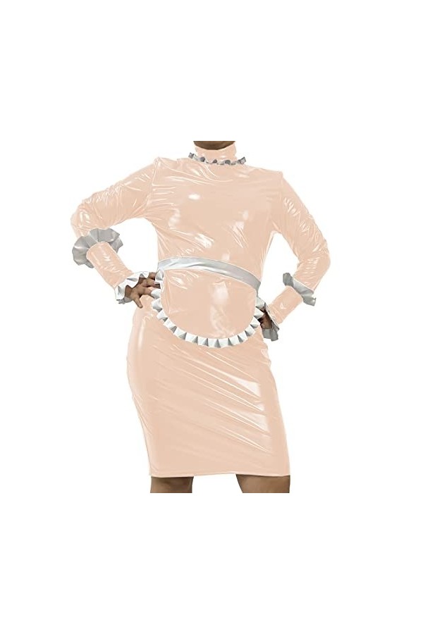 Mini robe pour homme avec tablier, robe à manches longues, fermeture éclair dans le dos, costume Vestidos, vert fluorescent, 