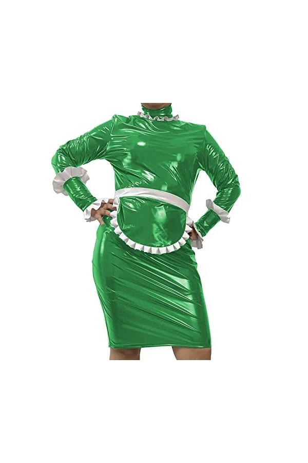 Mini robe pour homme avec tablier, robe à manches longues, fermeture éclair dans le dos, costume Vestidos, vert fluorescent, 