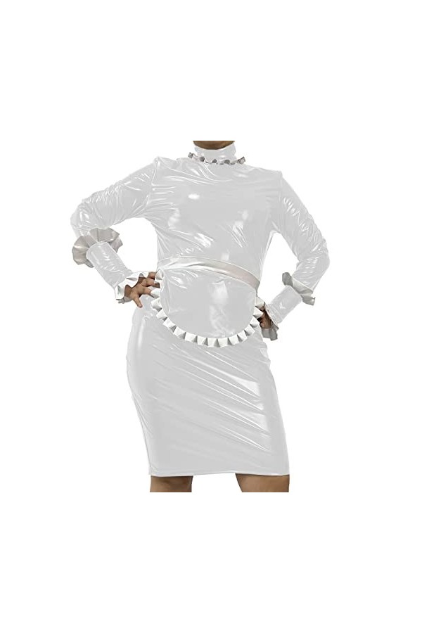 Mini robe pour homme avec tablier, robe à manches longues, fermeture éclair dans le dos, costume Vestidos, vert fluorescent, 