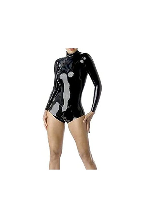 Catsuit En Latex Noir Sexy À Manches Longues Avec Fermeture Éclair Dans Le Dos, Col Montant, Jersey, Ajustement De La Combina