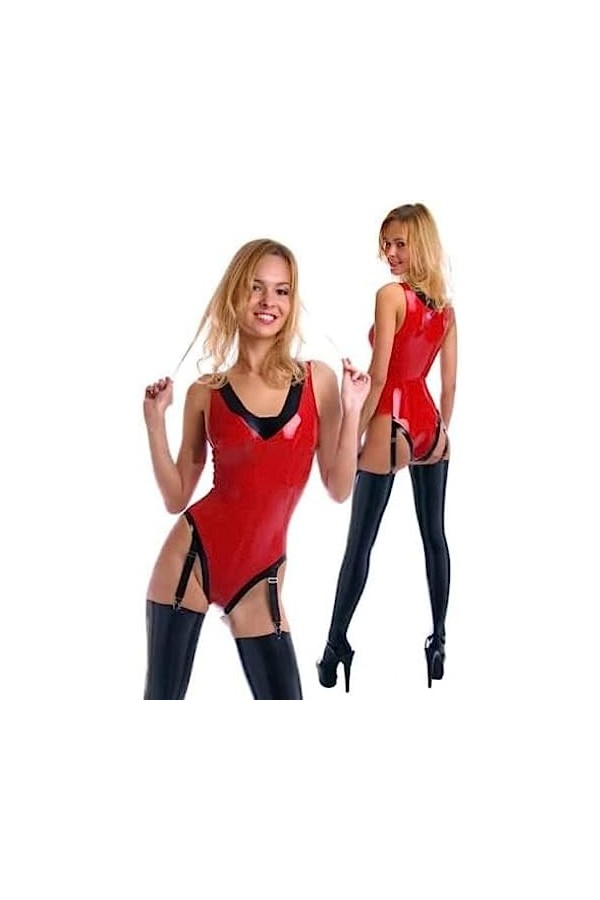 Sexy Women Latex Catsuit Lingerie Bas Avec Jarretière Sexy V-Shape Neck Rubber Tops Fetish Latex Clothing Set Inclure 2pcs - 