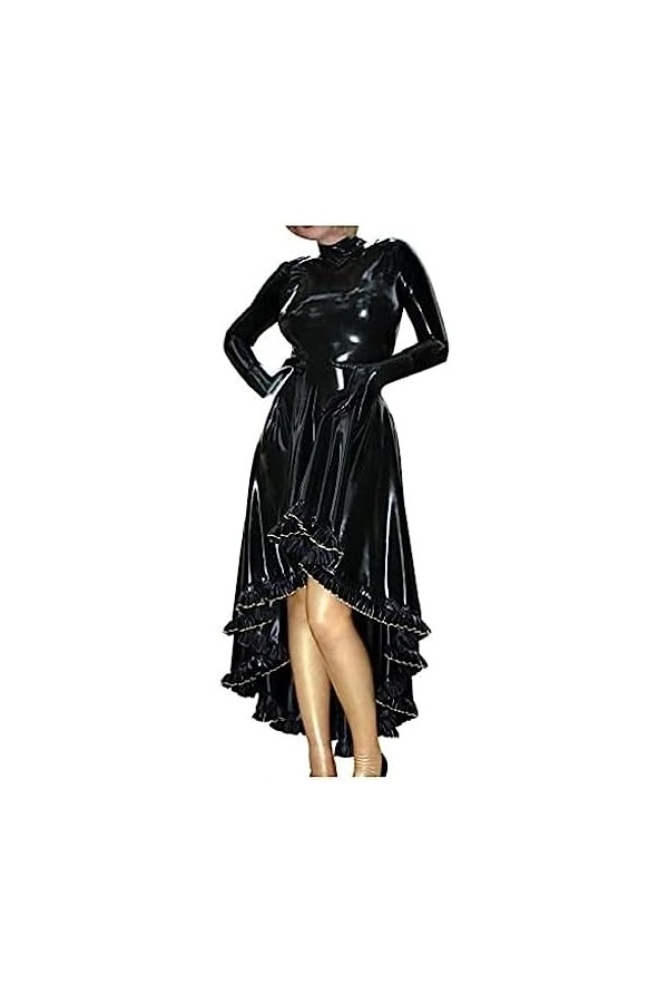ANTIY Robe en Latex Sexy Noire Et Dorée avec Fermeture À Glissière À Volants dans Le Dos Robe Moulante en Caoutchouc,Couleur 