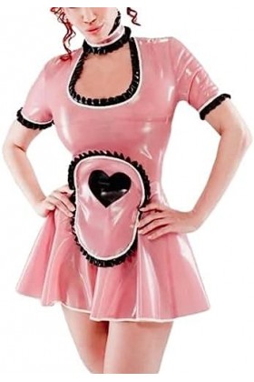 ANTIY Sexy Latex Robe Zipper Retour Manches Courtes Tablier Avec Coeurs Garnitures En Caoutchouc Uniforme Moulante Combishort