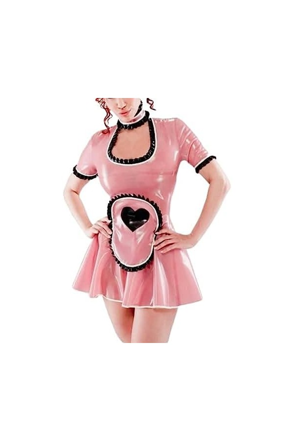 ANTIY Sexy Latex Robe Zipper Retour Manches Courtes Tablier Avec Coeurs Garnitures En Caoutchouc Uniforme Moulante Combishort