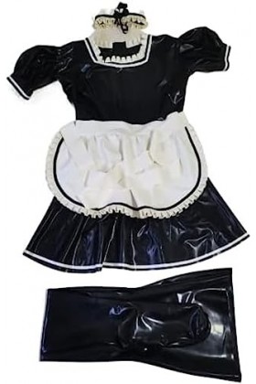 ANTIY Sexy French Maid Latex Dress Avec Tablier Fermeture Éclair Dos Volants Manches Bouffantes En Caoutchouc Uniforme Moulan