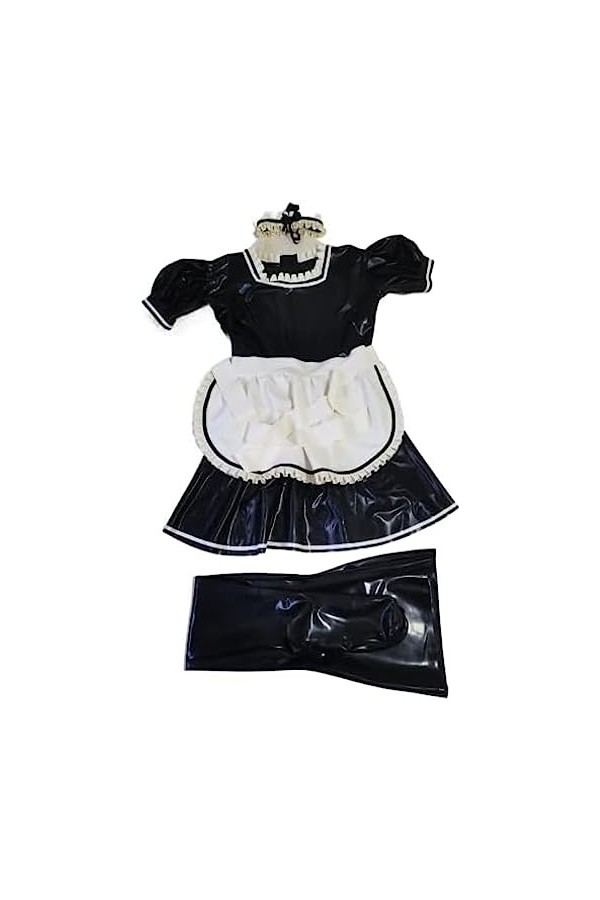 ANTIY Sexy French Maid Latex Dress Avec Tablier Fermeture Éclair Dos Volants Manches Bouffantes En Caoutchouc Uniforme Moulan
