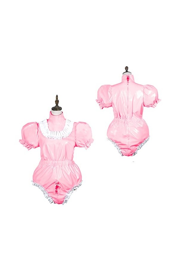 Body brillant à manches courtes en PVC - Costume de soubrette en vinyle - Robe verrouillable - Grande taille - Bleu, L