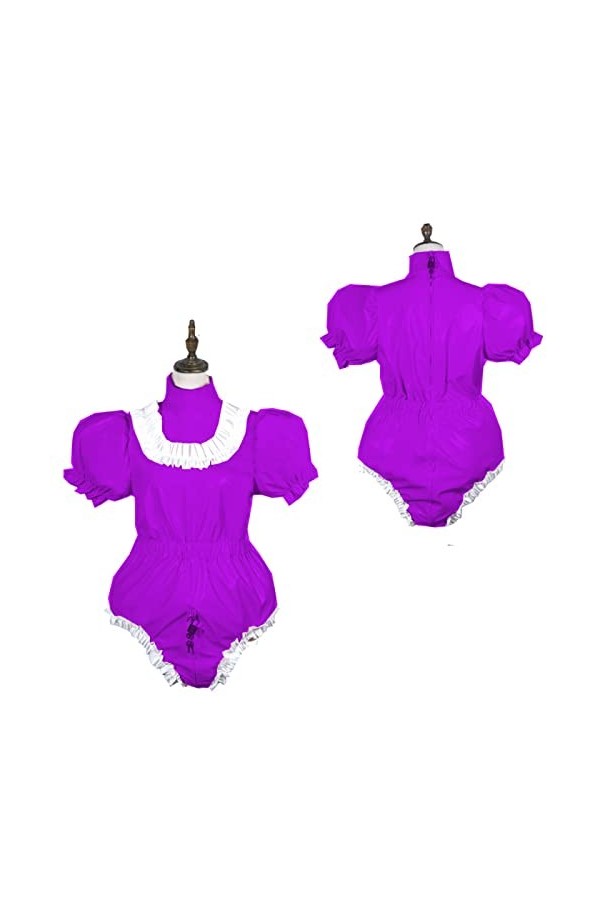 Body brillant à manches courtes en PVC - Costume de soubrette en vinyle - Robe verrouillable - Grande taille - Bleu, L