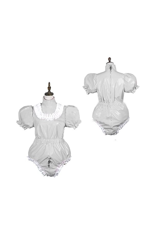 Body brillant à manches courtes en PVC - Costume de soubrette en vinyle - Robe verrouillable - Grande taille - Bleu, L