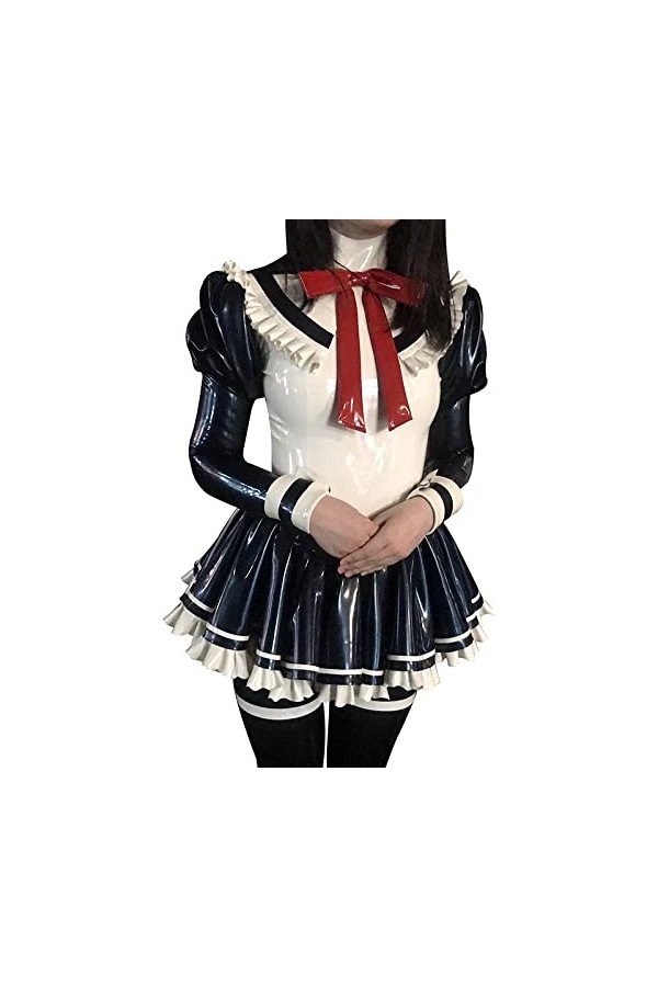 Robe de soubrette française sexy en latex avec fermeture éclair dans le dos, manches bouffantes, nœuds en caoutchouc, tenue m