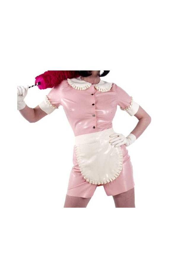 Baby Pink et Blanc Sexy French Maid Robe en Latex avec Tablier Boutons Avant Uniforme Caoutchouc Playsuit Bodycon,Noir avec B