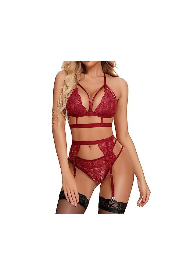 RSLOVE Lingerie Sexy pour Femme Soutien-Gorge et Culotte en Dentelle Florale 3 Pièces avec Porte-Jarretelle Noir S
