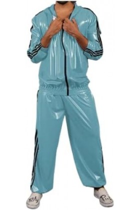 Costume En Caoutchouc Latex Bleu Clair Rayures Noires Catsuit Sport Sweats À Capuche Costume 0.4mm-bleu Ciel,Couleur Personna