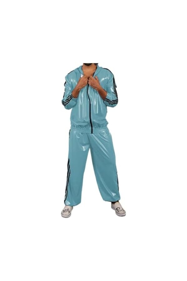 Costume En Caoutchouc Latex Bleu Clair Rayures Noires Catsuit Sport Sweats À Capuche Costume 0.4mm-bleu Ciel,Couleur Personna