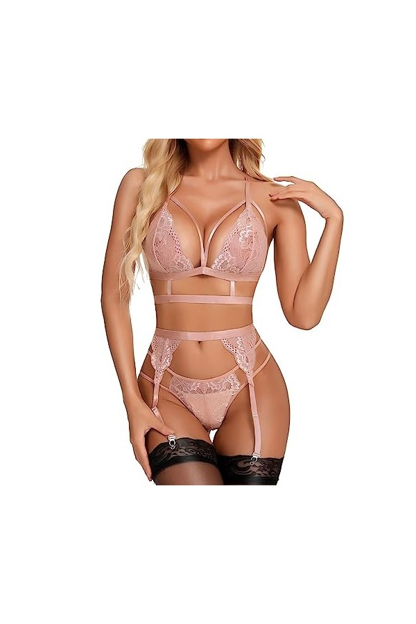RSLOVE Lingerie Sexy pour Femme Soutien-Gorge et Culotte en Dentelle Florale 3 Pièces avec Porte-Jarretelle Noir S