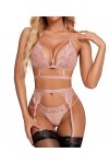 RSLOVE Lingerie Sexy pour Femme Soutien-Gorge et Culotte en Dentelle Florale 3 Pièces avec Porte-Jarretelle Noir S