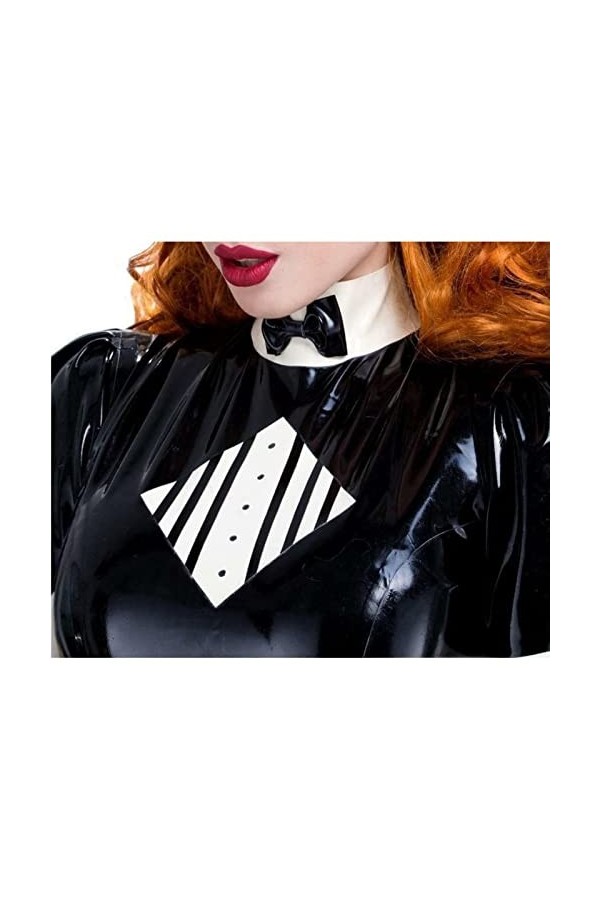PODSI Sexy French Maid Robe en Latex avec des Bandes sur le Tablier Fermeture à Glissière Avant à larrière en Caoutchouc Uni