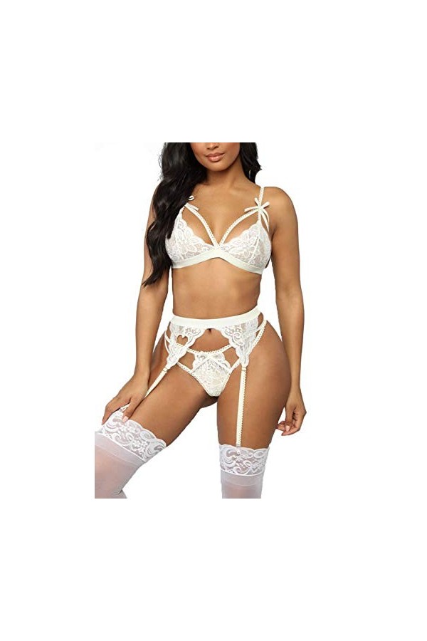 EVELIFE Femme Ensemble Lingerie Dentelle Brassière Jarretière Sexy Porte Jarretelles Soutiens-Gorge et G-String Red M