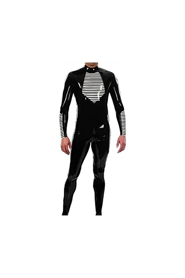 Latex Blanc Noir Catsuit Fetish Costume Homme Tight 0.4mm Zipper-Black,Noir,XS