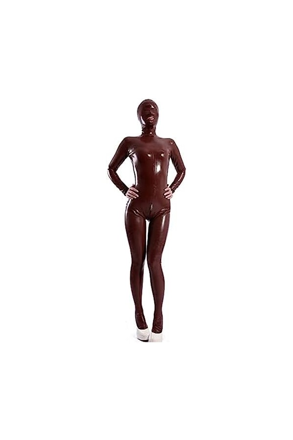 Fait À La Main Femmes Café Latex Catsuit Corps Complet Capuche En Caoutchouc Bouche Ouverte Avec Entrejambe Dos Zip-Noir,Noir