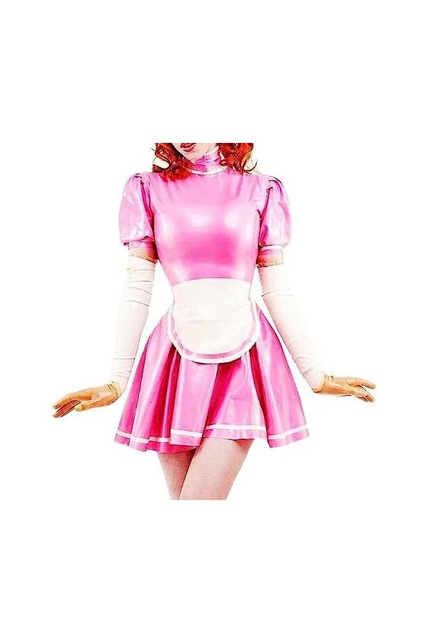 Robe En Latex De Femme De Chambre Française Sexy Rose Et Blanche Avec Des Garnitures Au Tablier En Caoutchouc Playsuit Bodyco